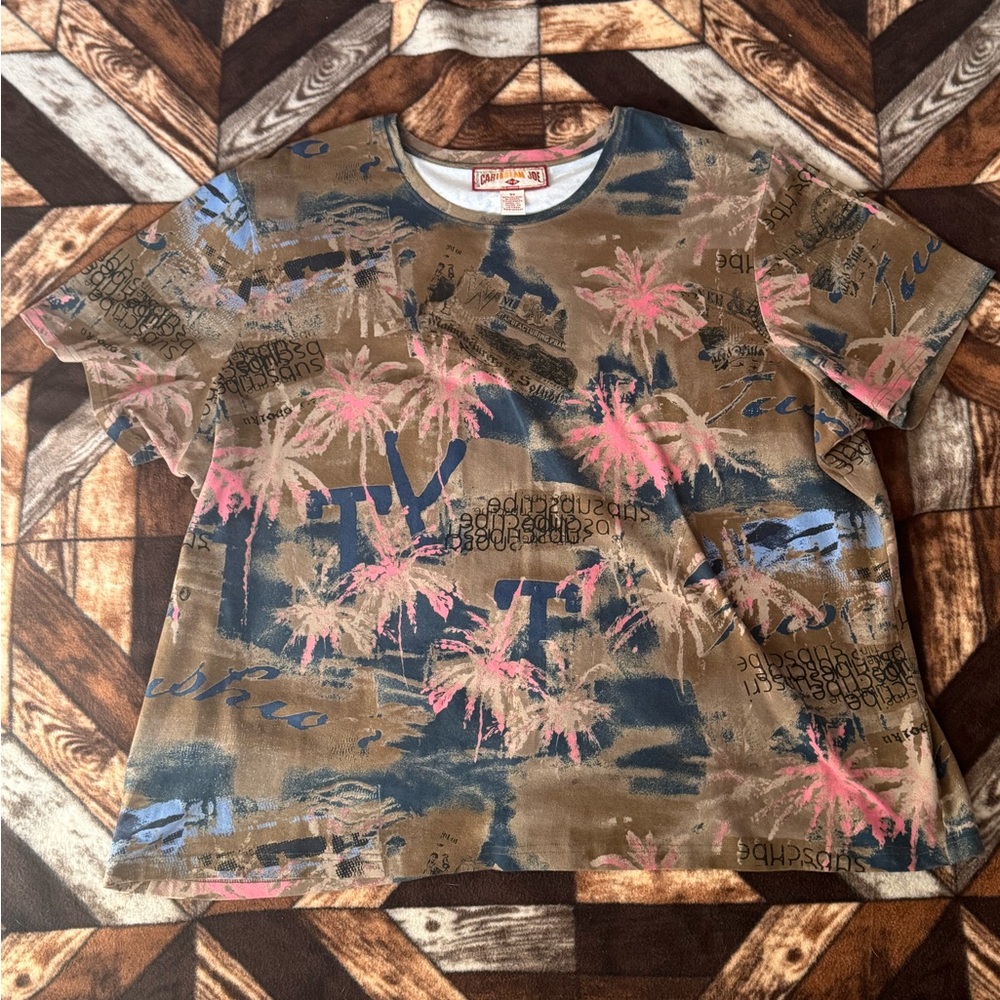 Caribbean Joe Short Sleeve Tee in Brown, Pink & Blue Palm Print